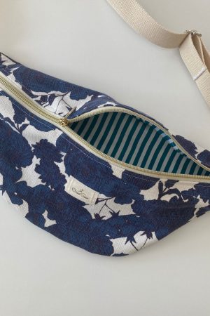 Blue Floral Fabric Fanny Pack- green striped interior