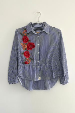 Blue and White Blouse with Flowers Embroidery