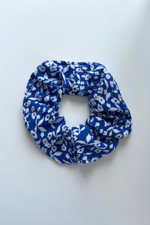 Flowery Blue and White Scrunchie