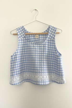 Blue Gingham Top with Lace