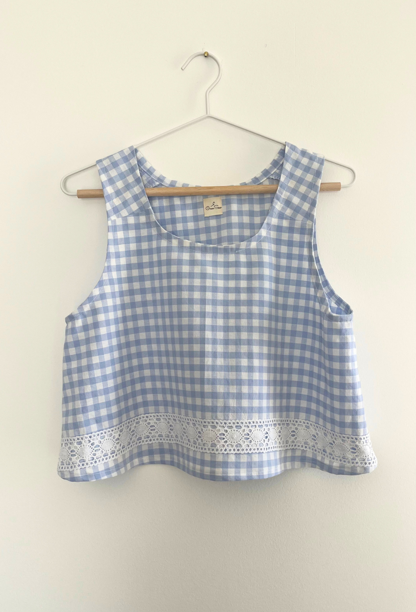 Blue Gingham Top with Lace