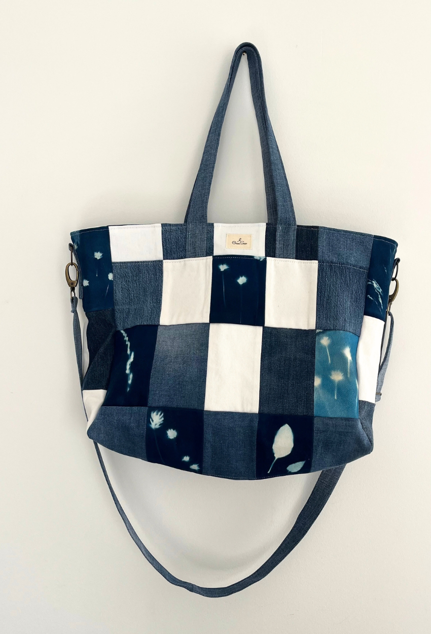 Hand-Printed Cyanotype Patchwork Tote - Image 2