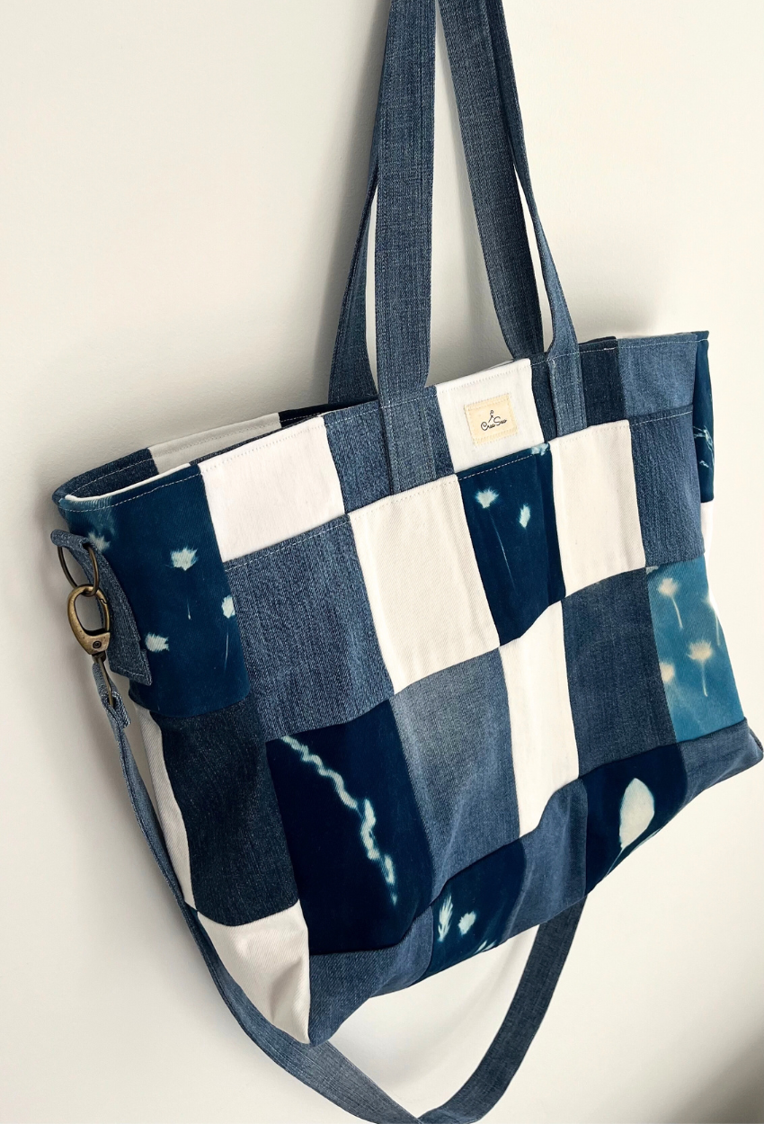 Hand-Printed Cyanotype Patchwork Tote - Image 8