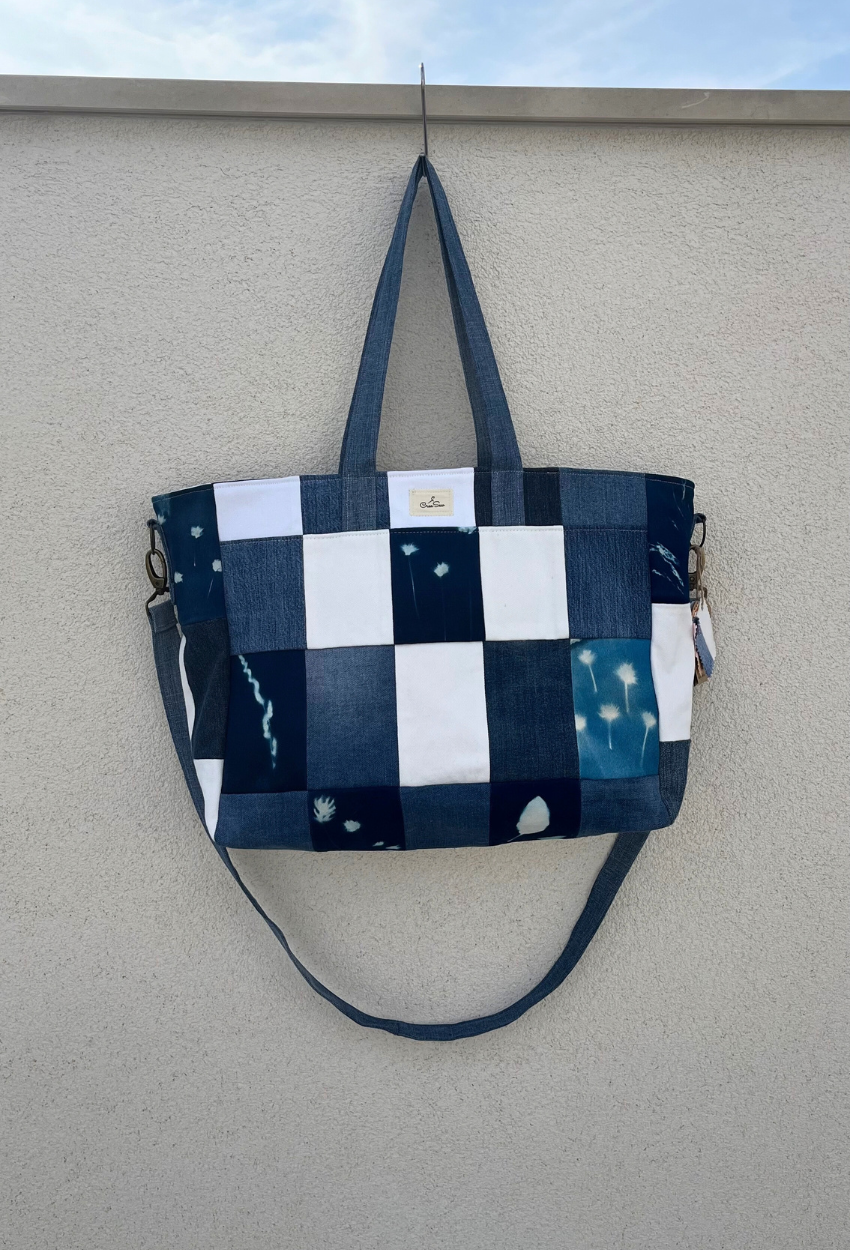 Hand-Printed Cyanotype Patchwork Tote