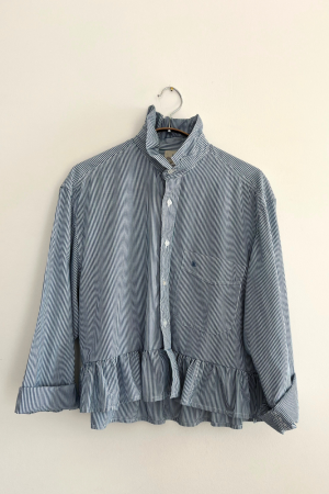 Blue Shirt with Gathered Ruffle Collar
