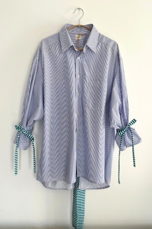 Long Lined Blue and White Shirt with Green Bows