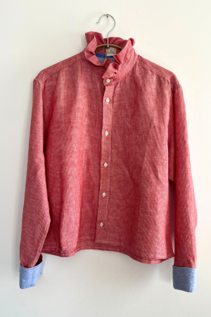 Pink Shirt with Gathered Ruffle Collar