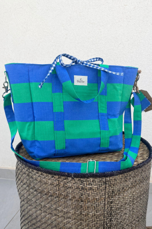 Blue and Green Lined Small Cabas