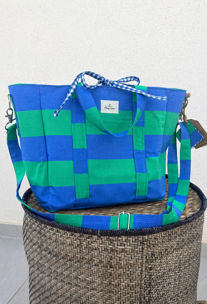 Blue and Green Lined Small Cabas