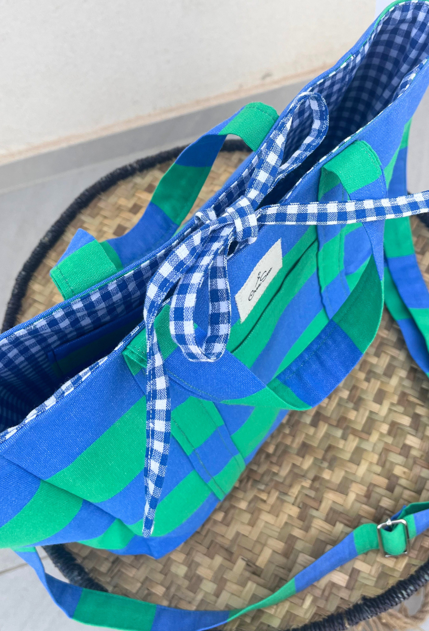 Blue and Green Lined Small Cabas - Image 3