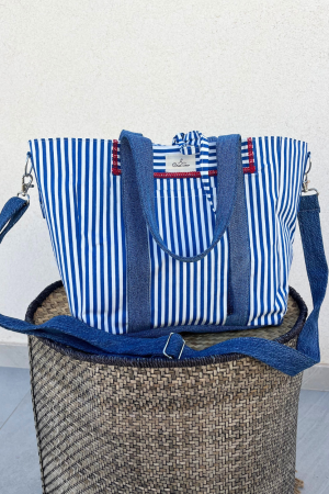 Blue and White Lined Small Cabas
