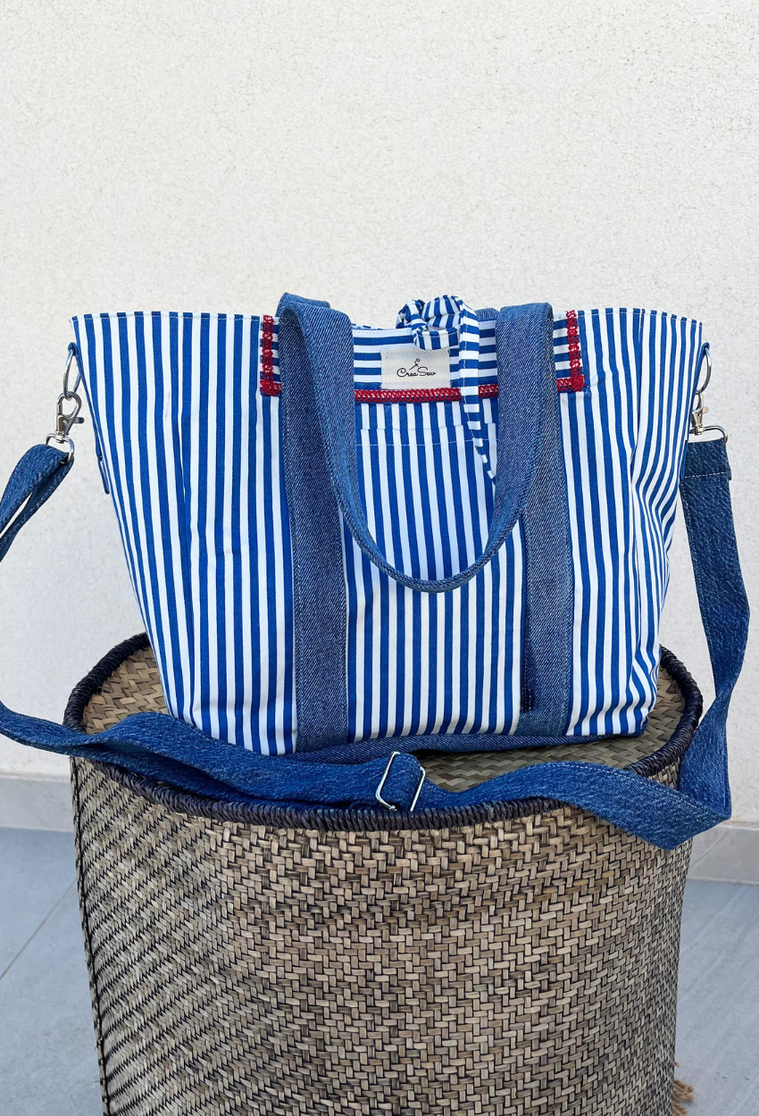 Blue and White Lined Small Cabas