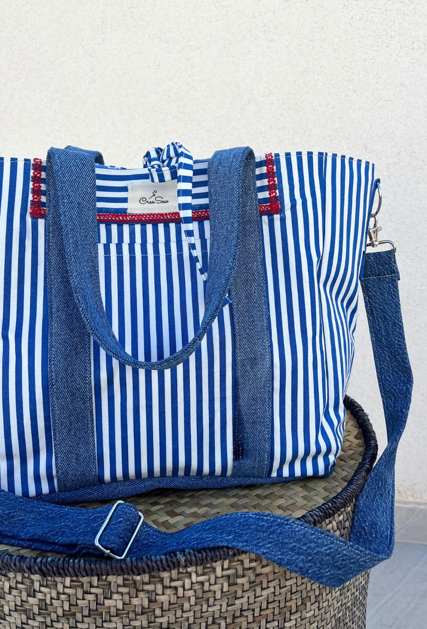 Blue and White Lined Small Cabas - Image 2