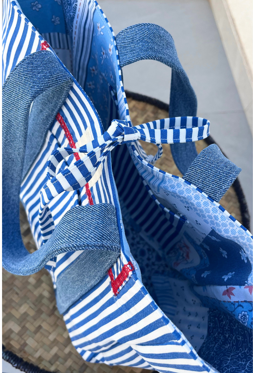 Blue and White Lined Small Cabas - Image 4