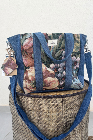 Flowery Canvas and Denim Small Cabas