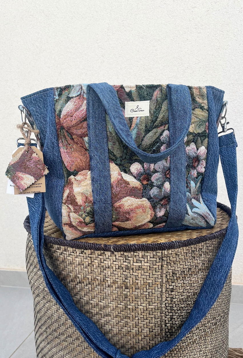 Flowery Canvas and Denim Small Cabas