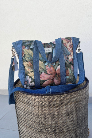 Flowery Canvas and Denim Small Cabas (2)