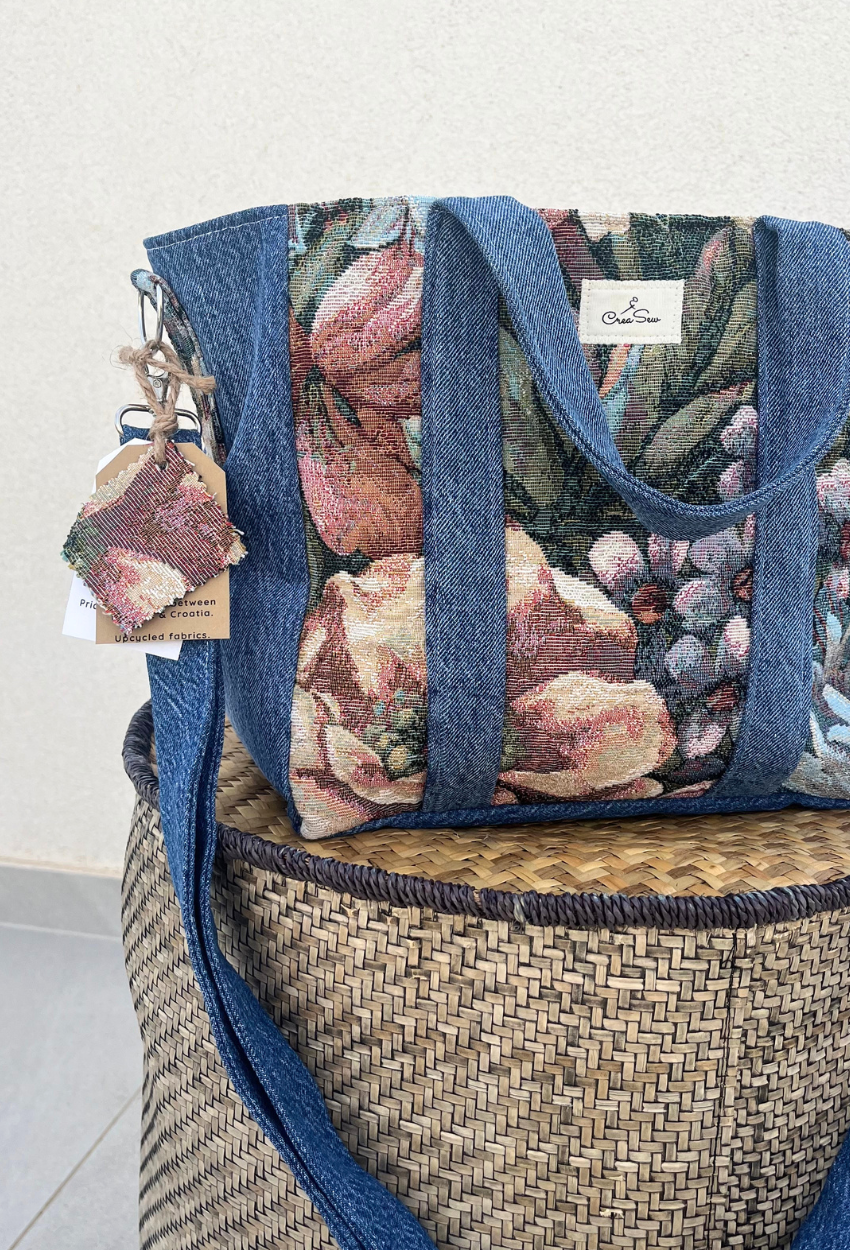 Flowery Canvas and Denim Small Cabas - Image 2