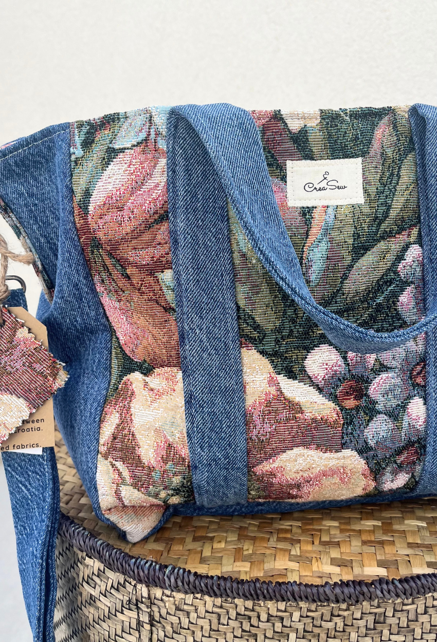 Flowery Canvas and Denim Small Cabas - Image 3