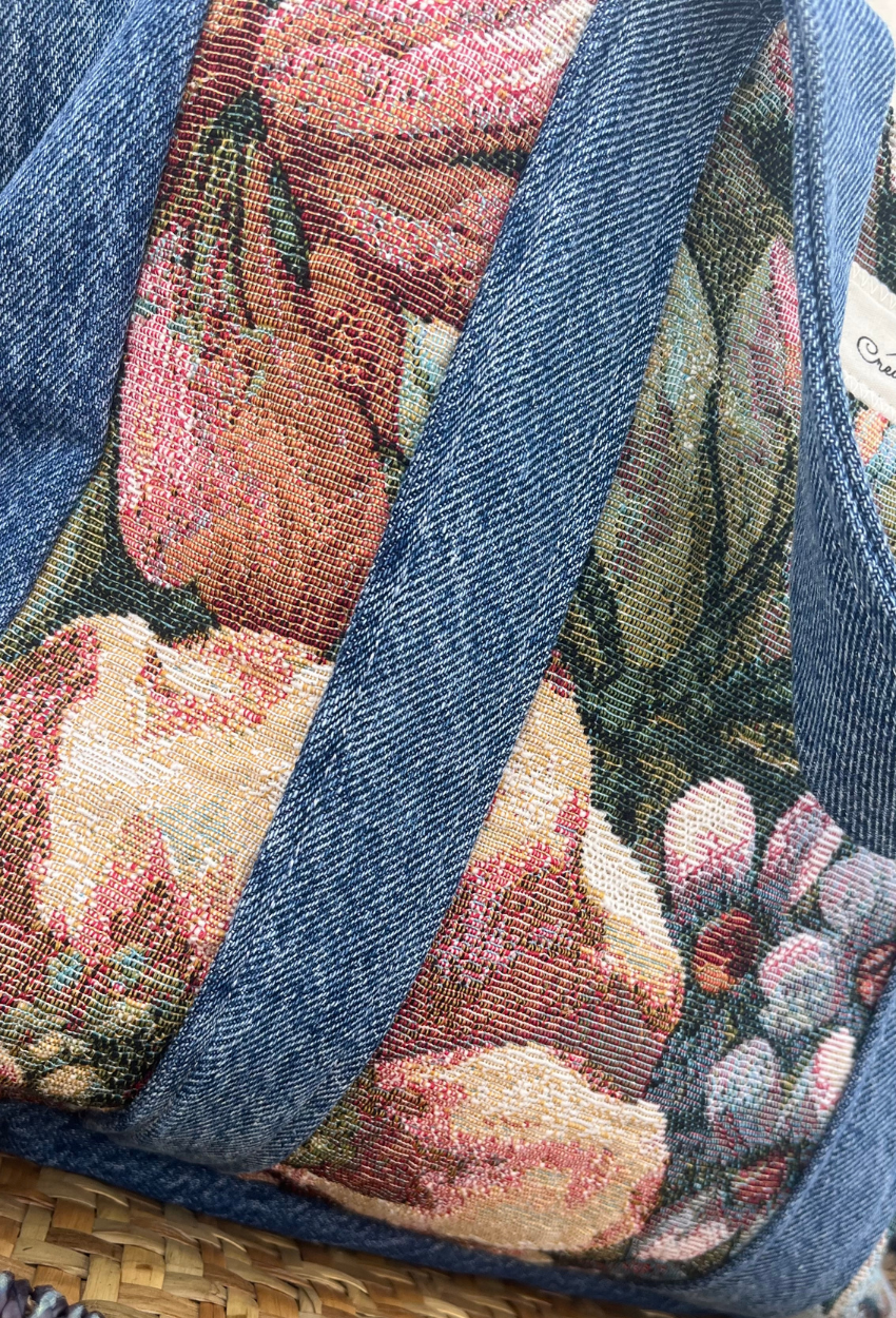 Flowery Canvas and Denim Small Cabas - Image 4