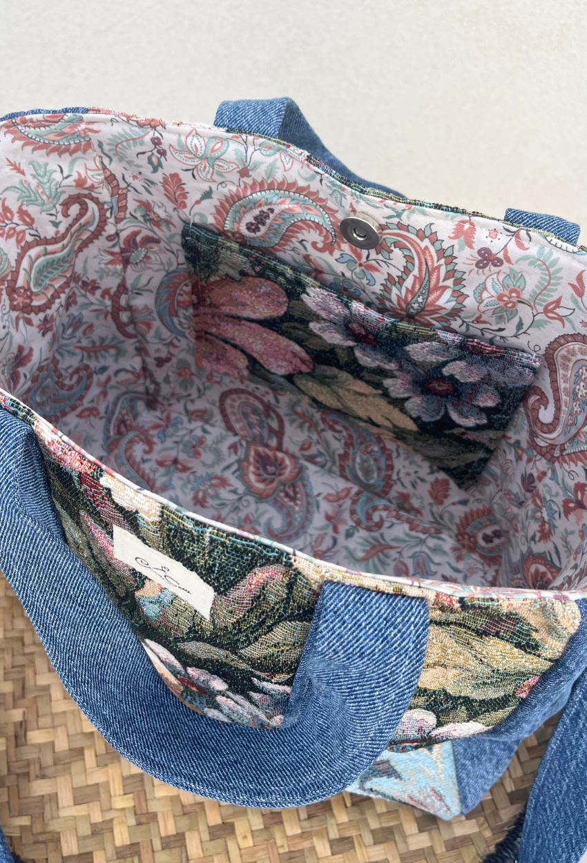 Flowery Canvas and Denim Small Cabas - Image 6