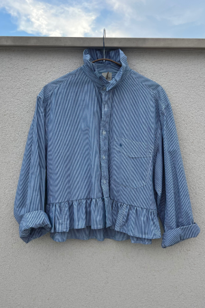 Blue Shirt with Gathered Ruffle Collar